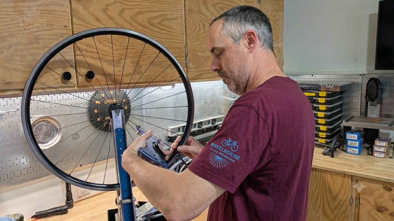 Brian truing a bicycle wheel at Wheelhouse Cycles